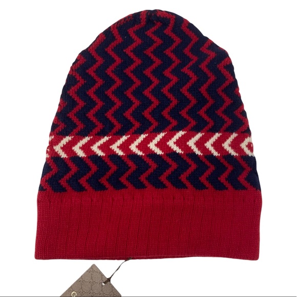 GUCCI Wool Zigzag Beanie Hat Red Size M 22cm - Picture 7 of 10